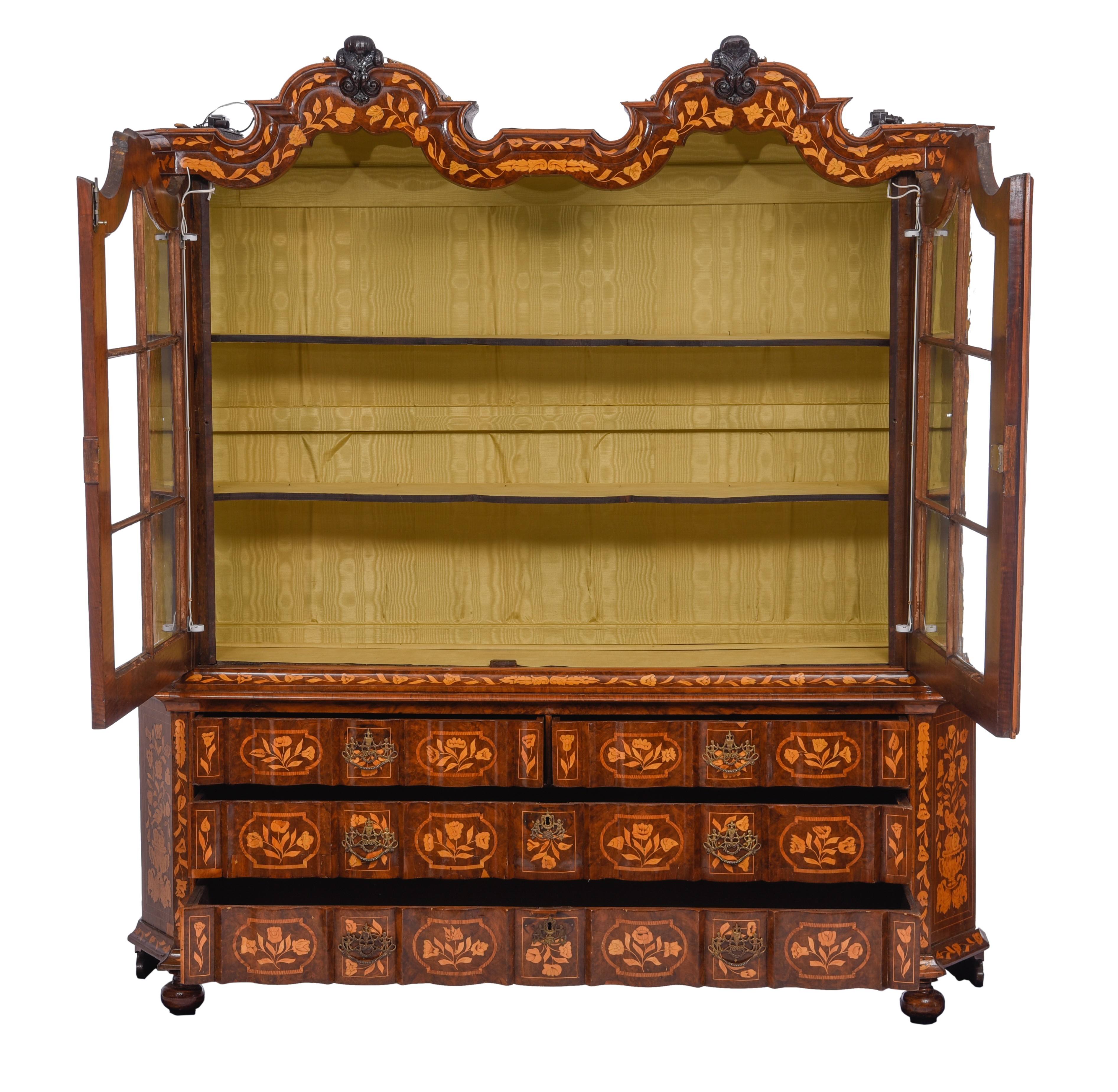 A large Dutch floral marquetry display cabinet, 18thC, H 230 - W 212 - D 45 cm - Image 5 of 5