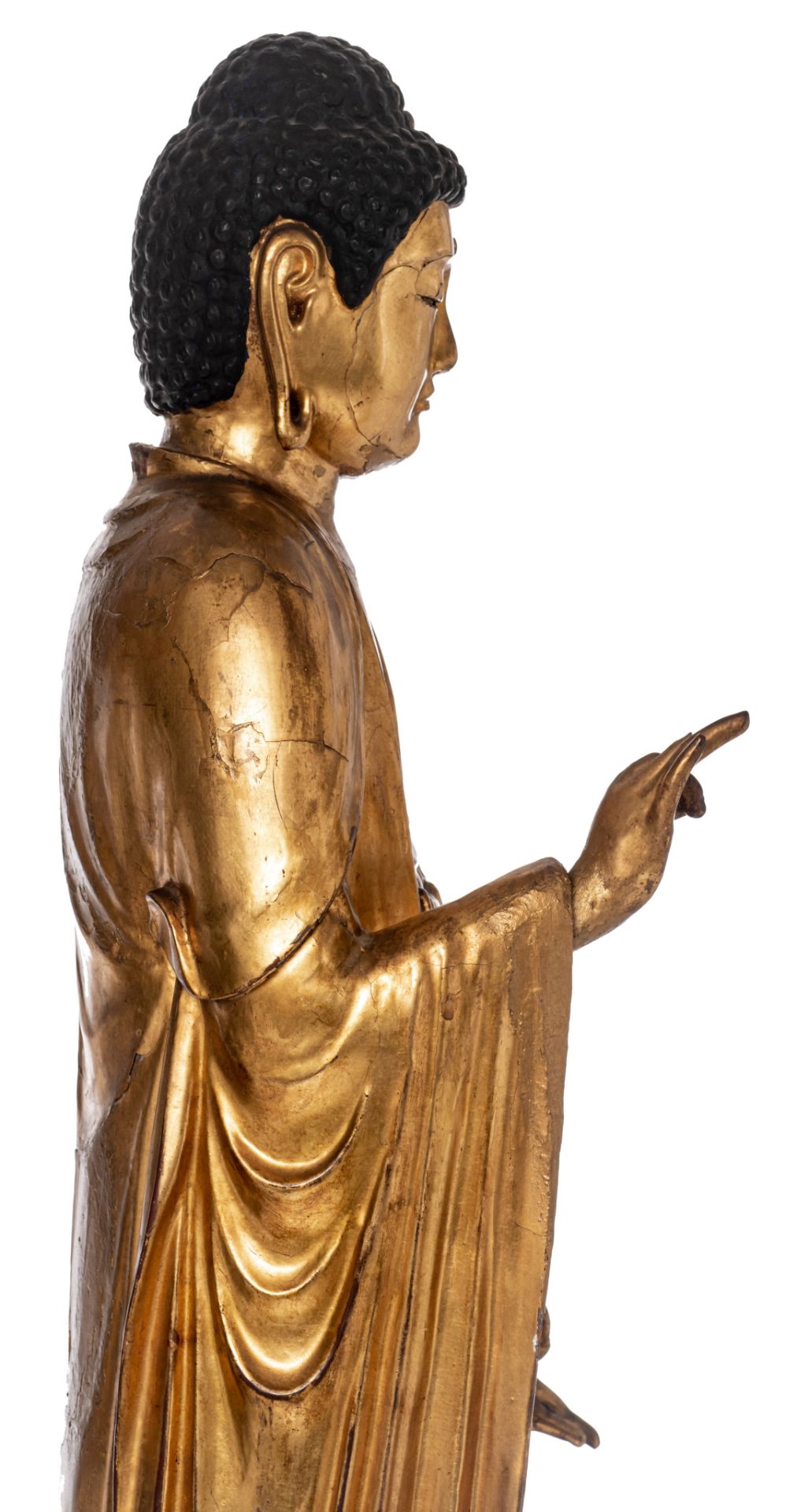 A Japanese gilt-wood standing figure of Amitabha Buddha, on a finely carved lotus base, Edo period, - Image 10 of 21