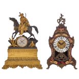 (T) A zamac mantle clock with an Oriental horseback rider, H 58 cm, added: a Boulle cartel clock, H