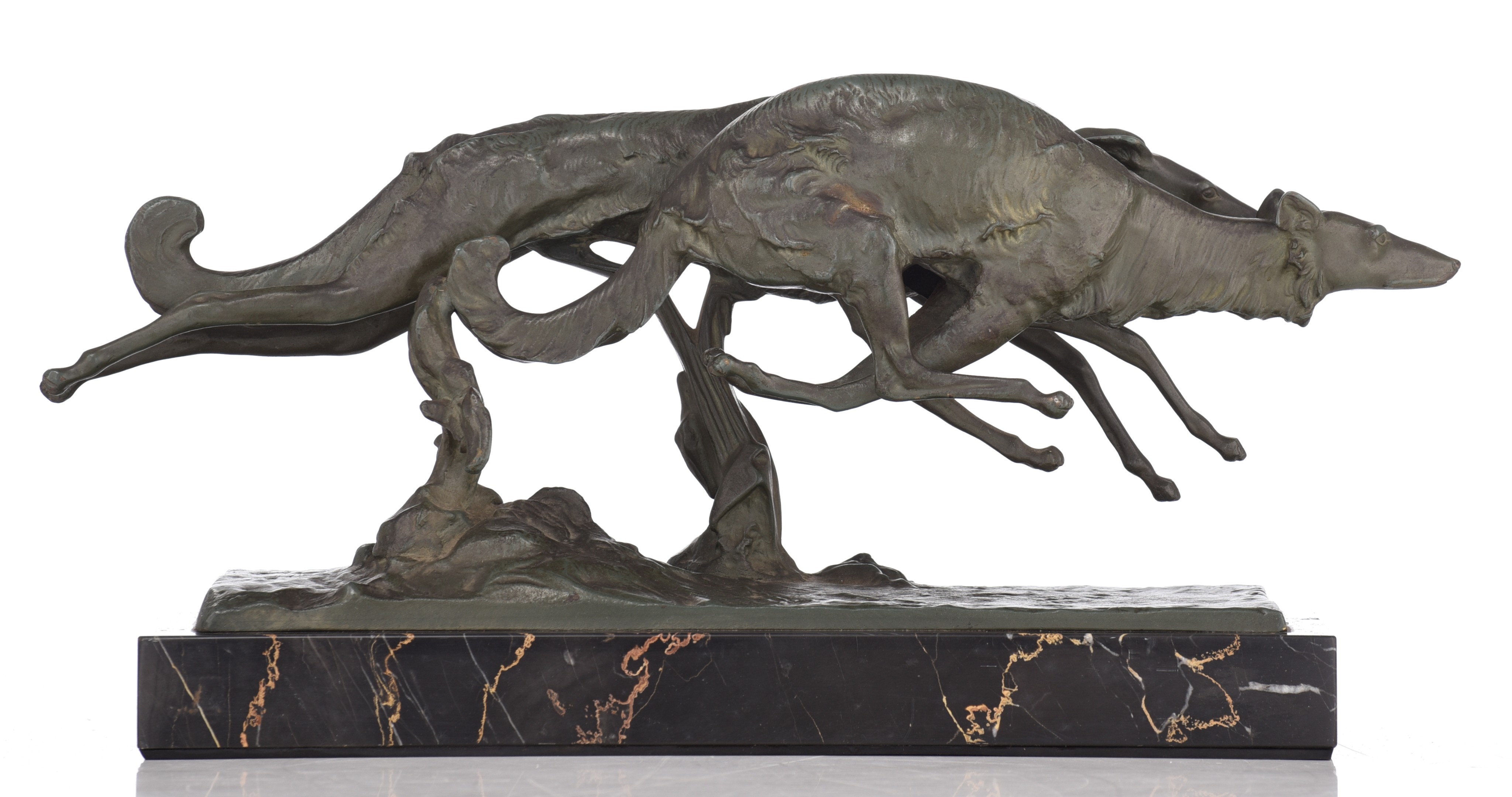 Indistinctly signed, racing greyhounds, green patinated bronze on a marble base, H19,5 cm - W 34 cm - Image 3 of 6