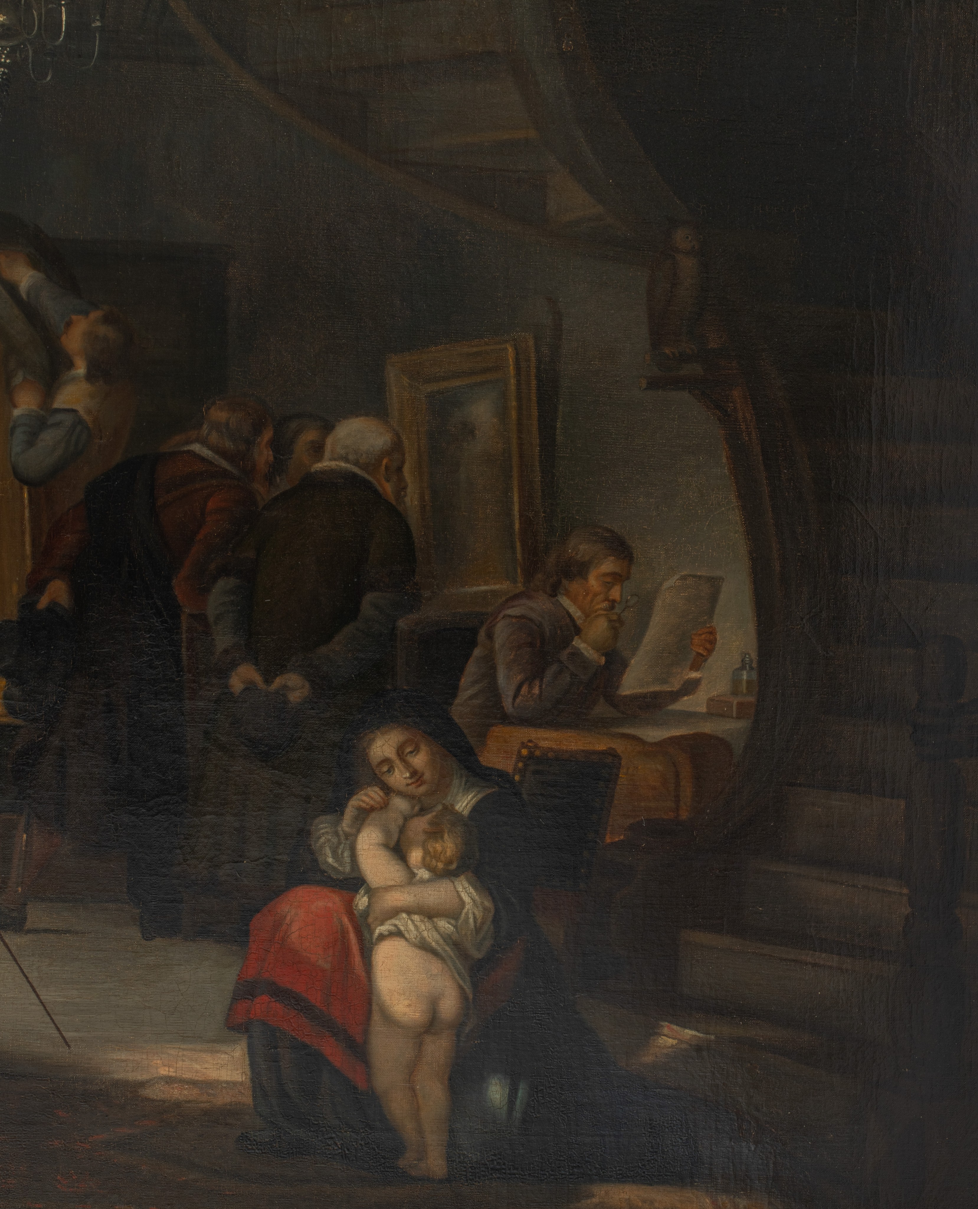 Rembrandt van Rijn creating another masterpiece in his workshop, 19thC, oil on canvas, 84 x 145 cm - Image 6 of 6