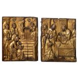 Two finely carved walnut retable fragments, depicting 'the presentation of Mary in the temple' and '