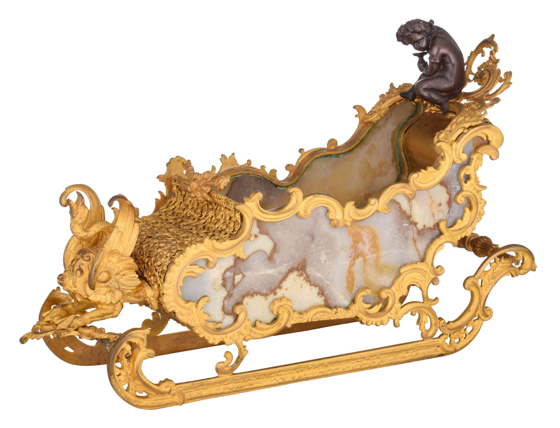 A fine gilt and patinated bronze Russian Rococo style miniature sledge, with onyx plaques, H 31 - W
