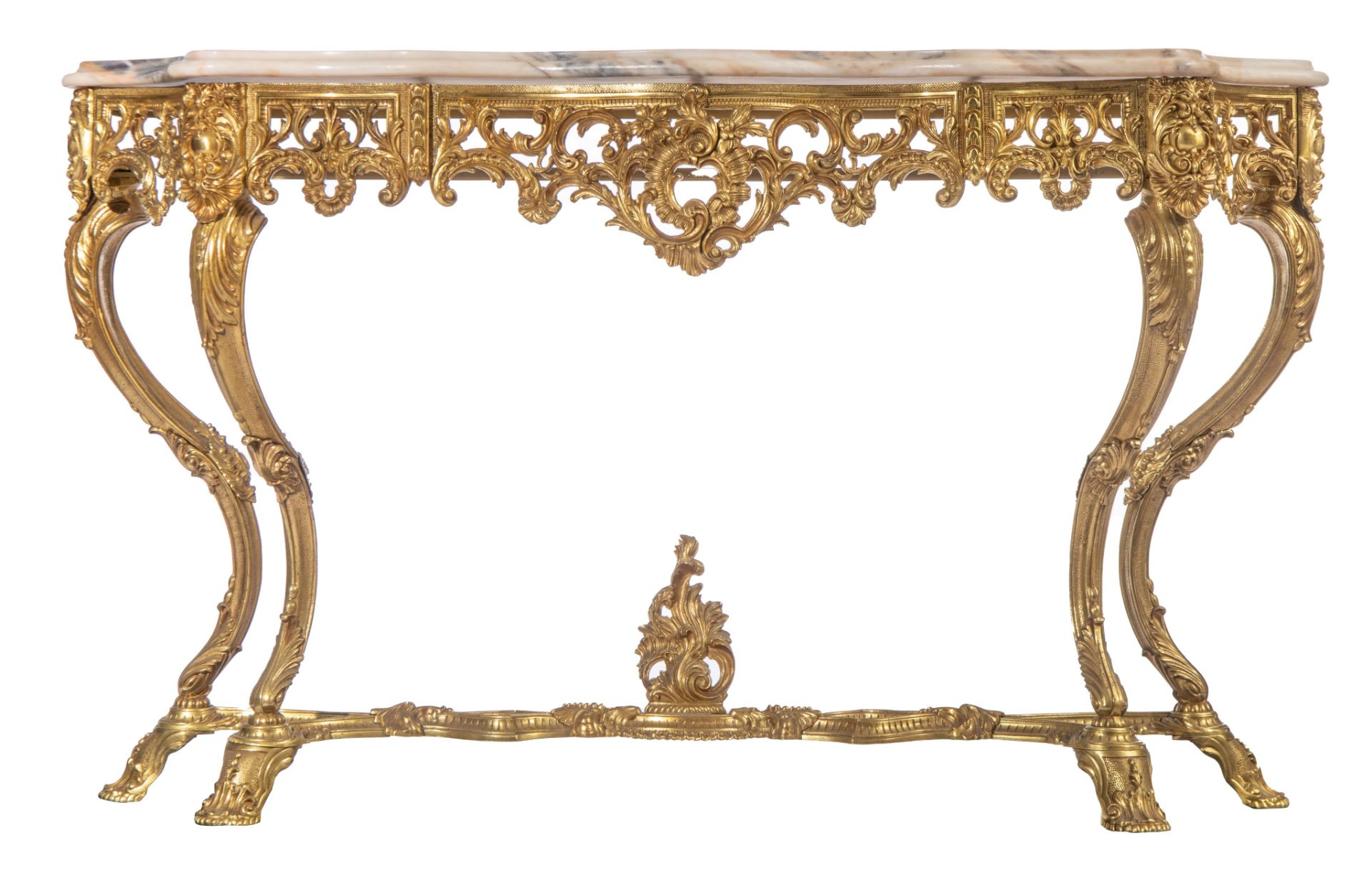 A large Rococo style gilt metal console table and mirror, H 125 - W 110 cm (the mirror) - H 85 - W 1 - Image 3 of 12