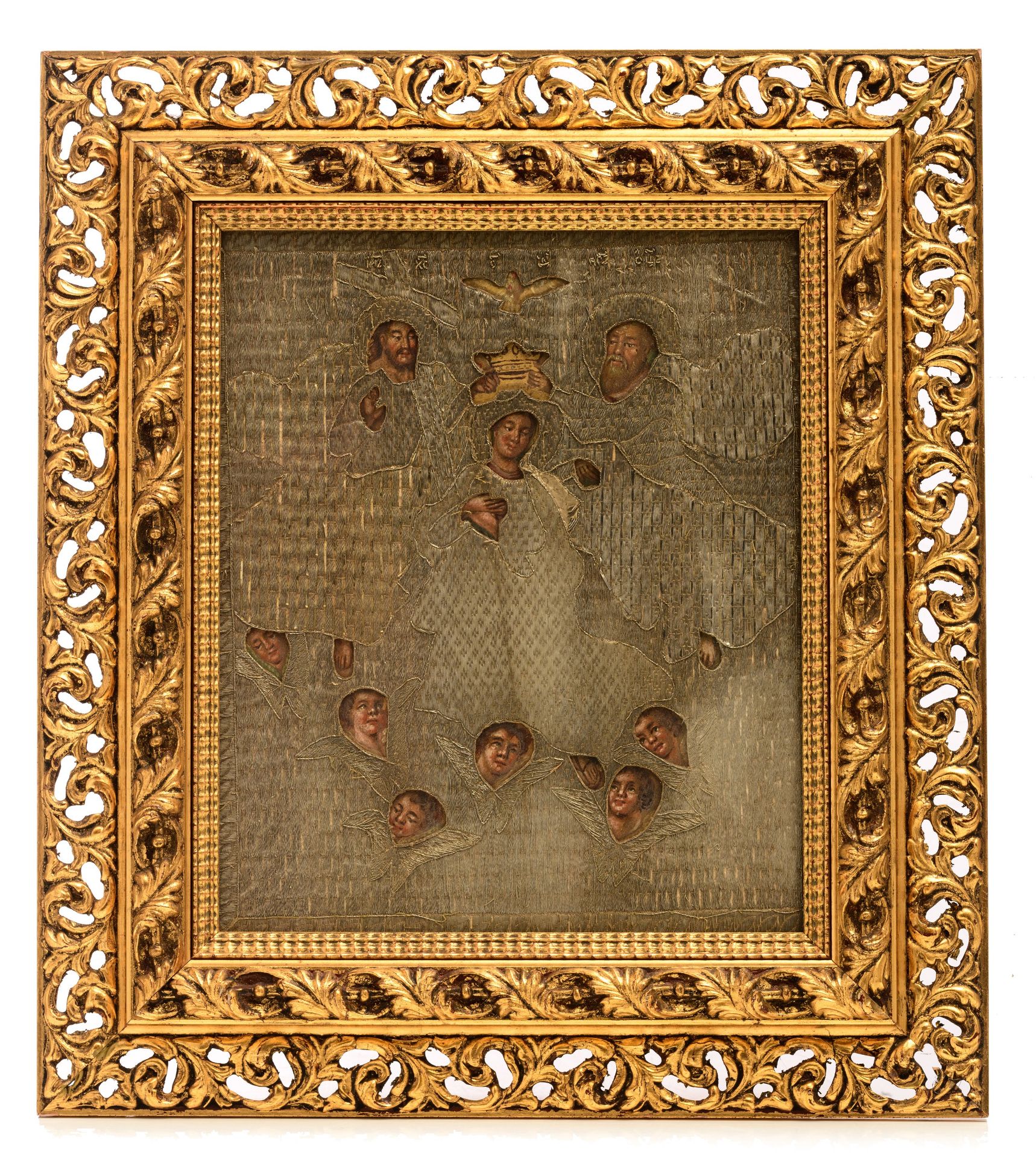 (T) A fine devotional work depicting the coronation of the Virgin, painted panel with silver brocade - Image 2 of 3