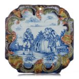 A fine Dutch Delft plaque depicting a gallant scene with rocaille-decorated edges, 18thC, 29,5 x 29,