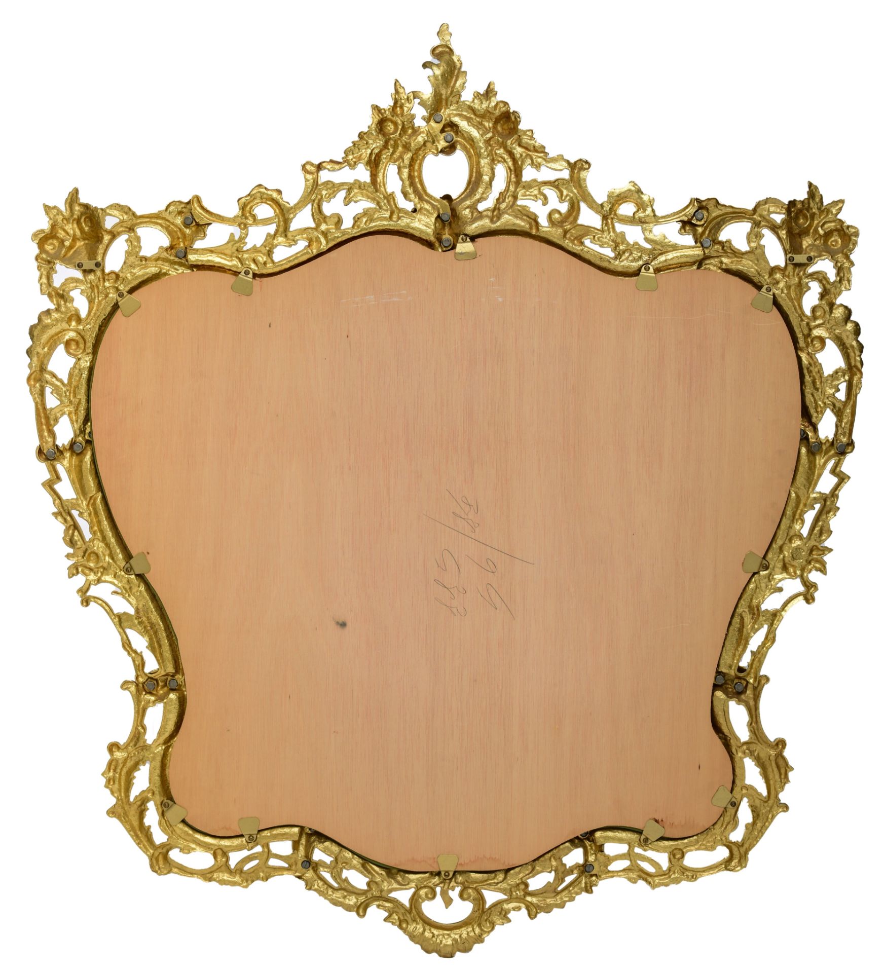 A large Rococo style gilt metal console table and mirror, H 125 - W 110 cm (the mirror) - H 85 - W 1 - Image 10 of 12