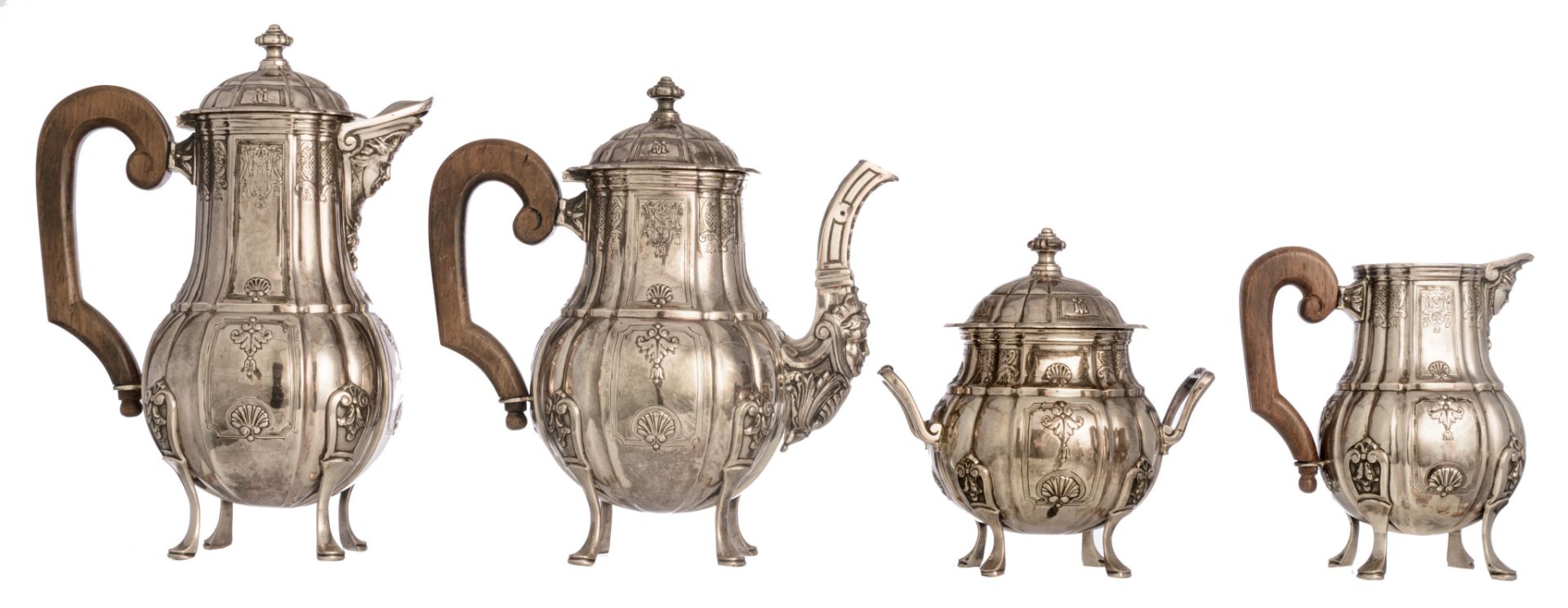 A four-part Belgian silver coffee and tea set, H 15 - 29 cm / total weight c. 4.290 g - Image 2 of 13