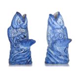 A pair of Delft style blue and white carp-shaped vases, marked, 18th/19thC, H 18,5 cm