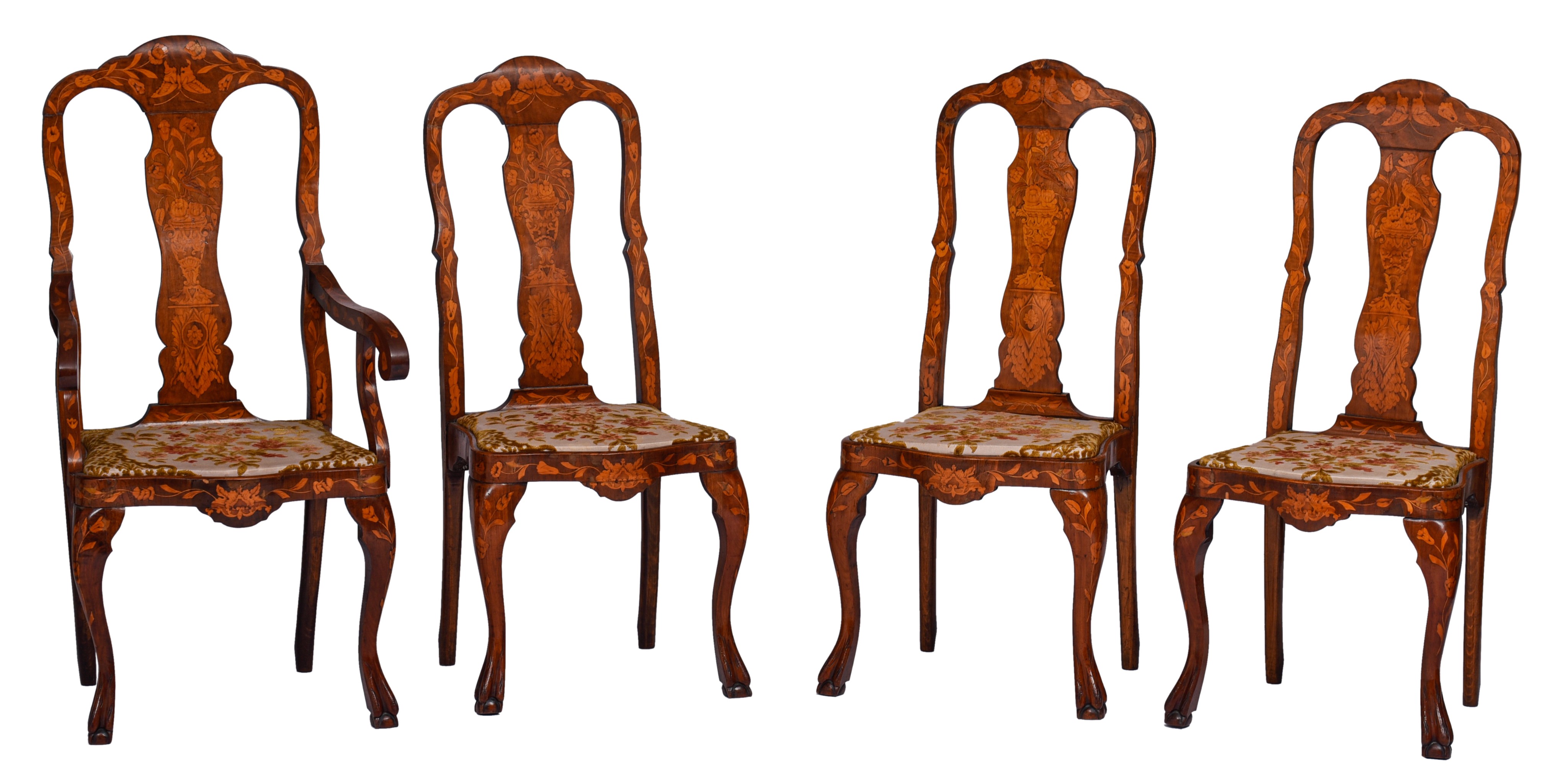 A set of three dining chairs and an armchair, Anglo-Dutch, 18thC, H 112/118 cm