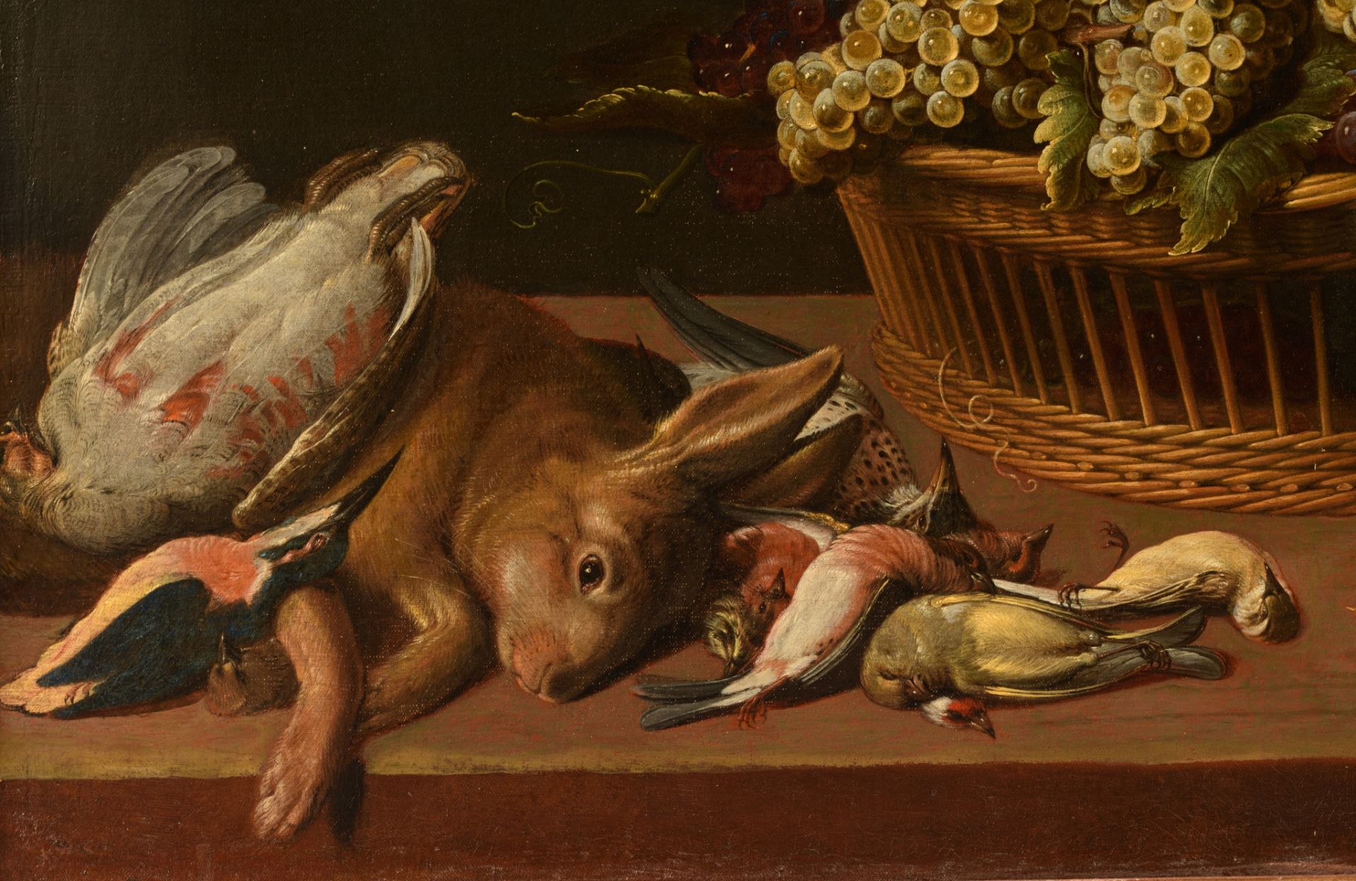 Still life with fruit, birds and a hare, 17th/18thC, oil on canvas, 76 x 110 cm - Bild 5 aus 12