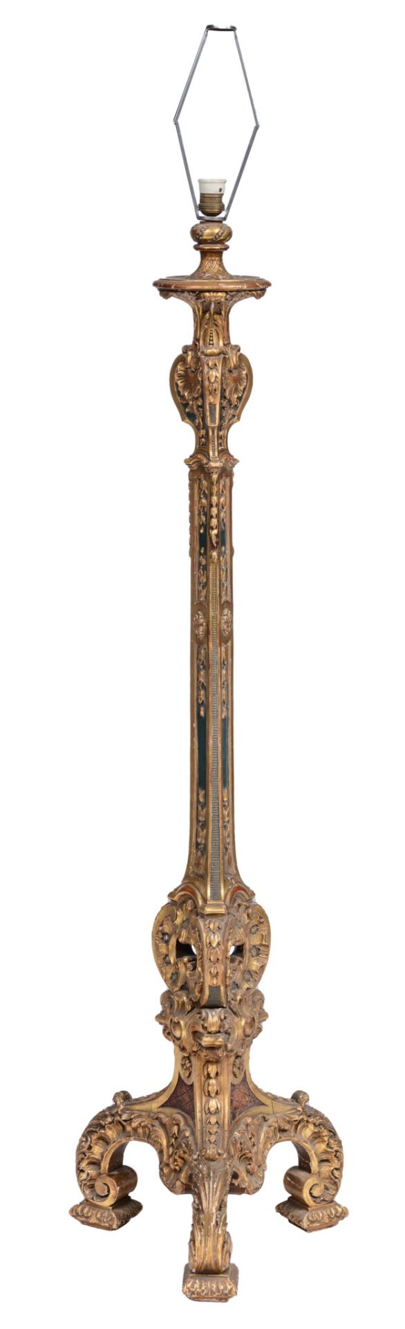 (T) A finely carved, polychrome and gilt decorated Rococo style torchère, H 147 cm