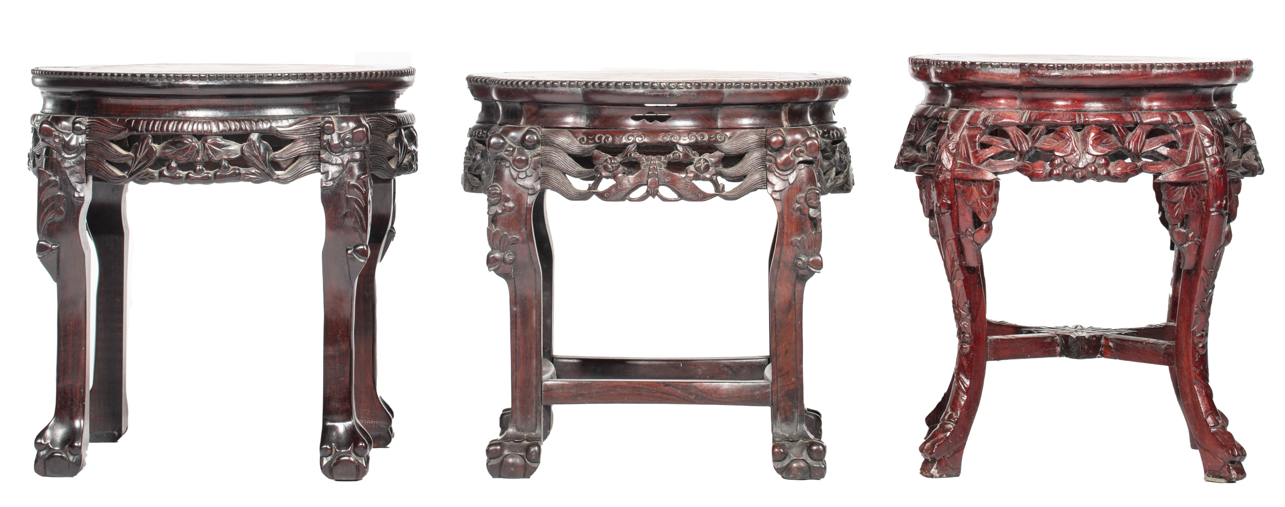 Three Chinese hardwood bases with a marble plaque, Tallest H 48 cm - Image 4 of 7