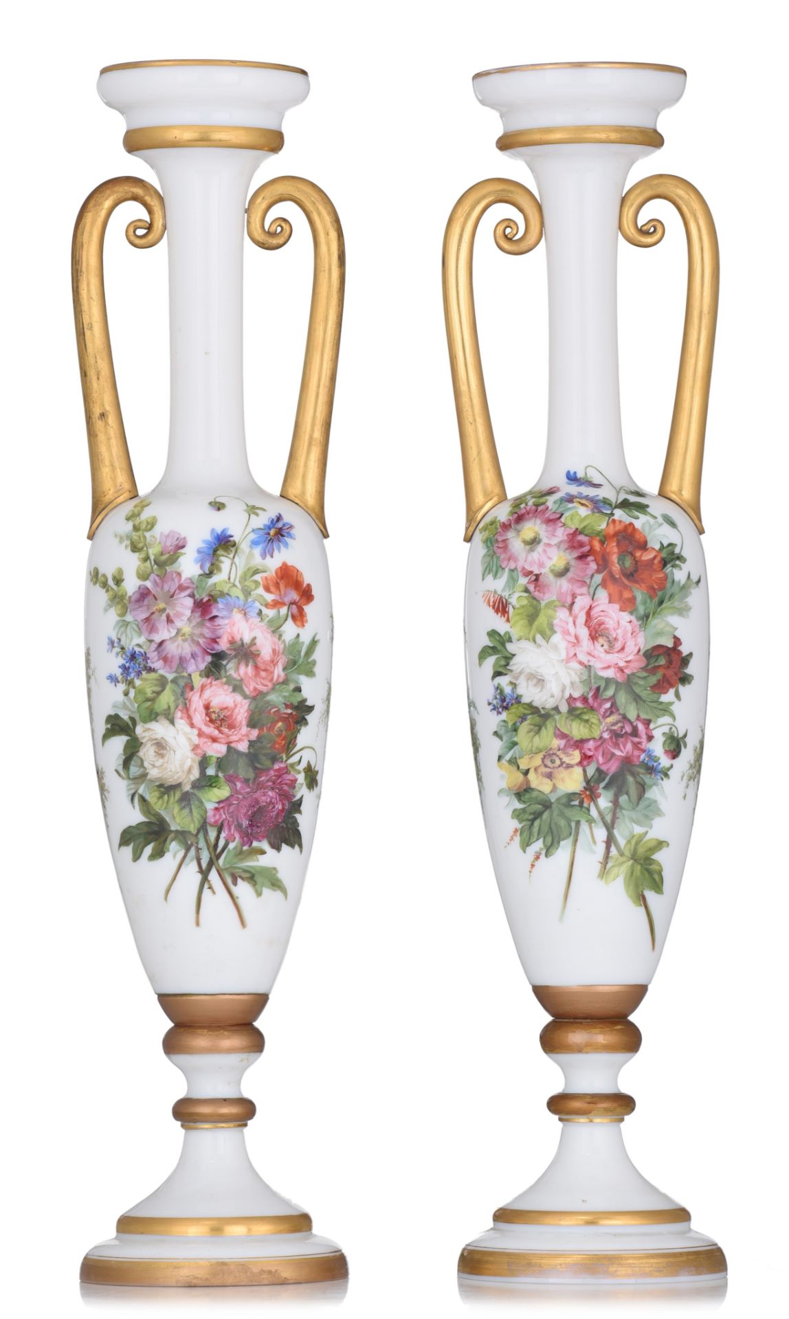 A fine pair of Neoclassical oblong opaline vases, polychrome and gilt decorated, H 65 cm - Image 3 of 8