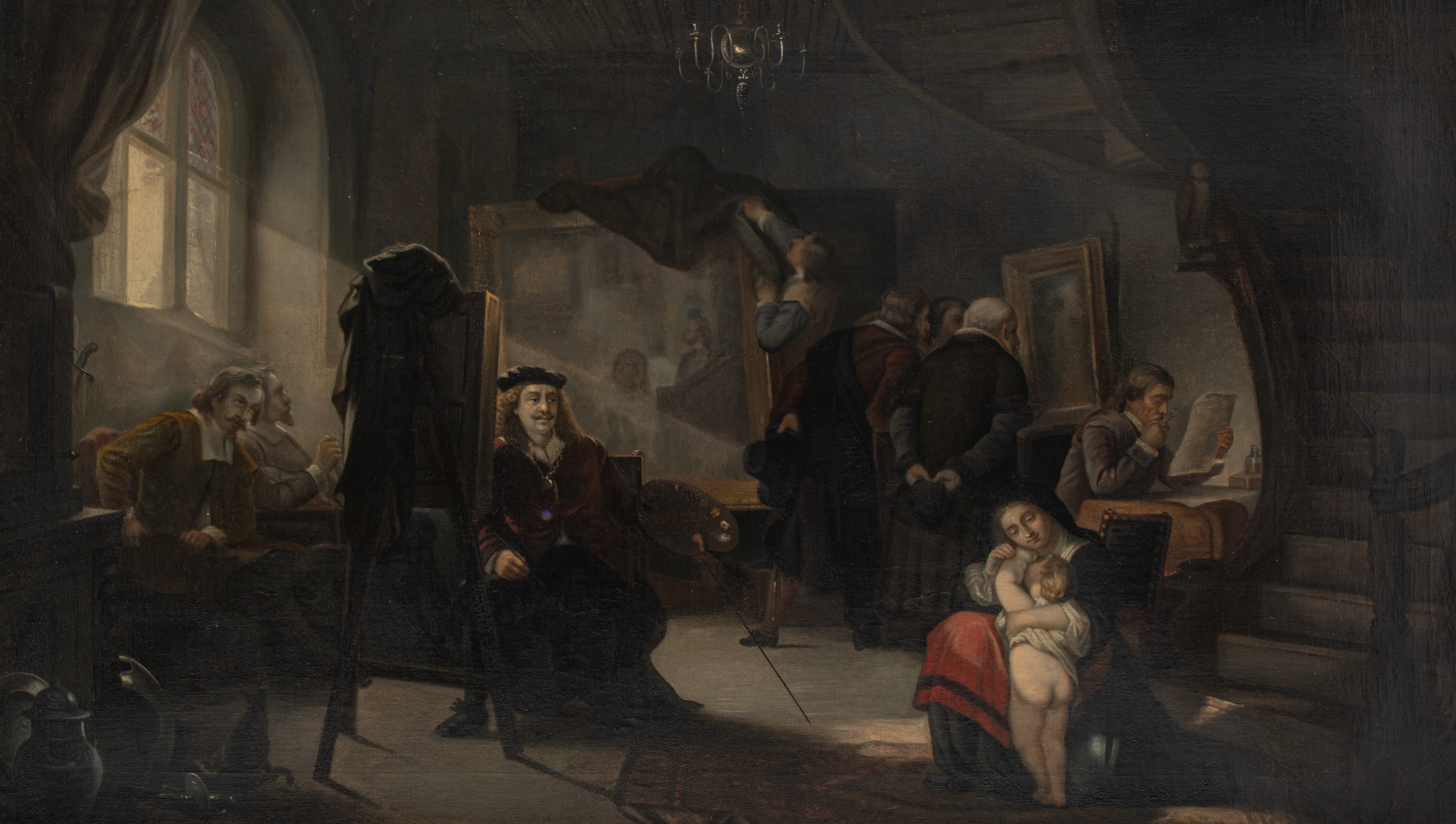 Rembrandt van Rijn creating another masterpiece in his workshop, 19thC, oil on canvas, 84 x 145 cm
