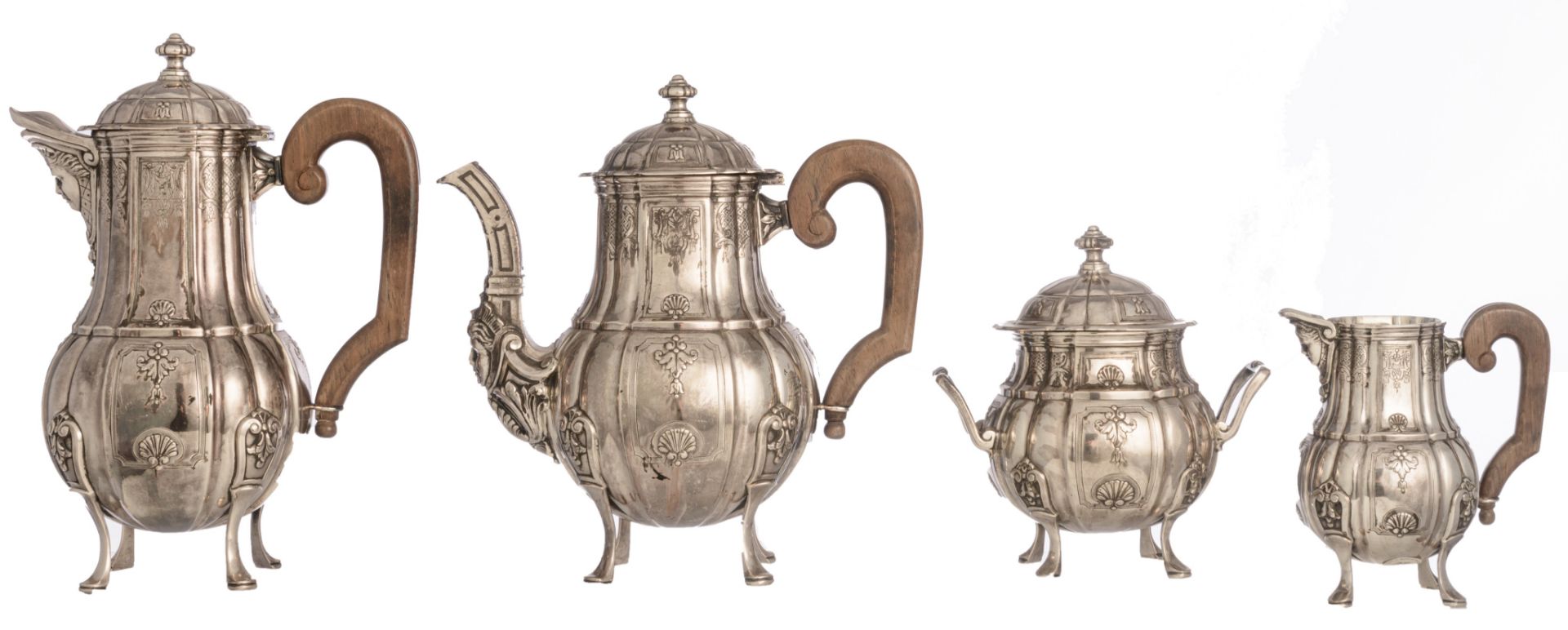 A four-part Belgian silver coffee and tea set, H 15 - 29 cm / total weight c. 4.290 g - Image 5 of 13