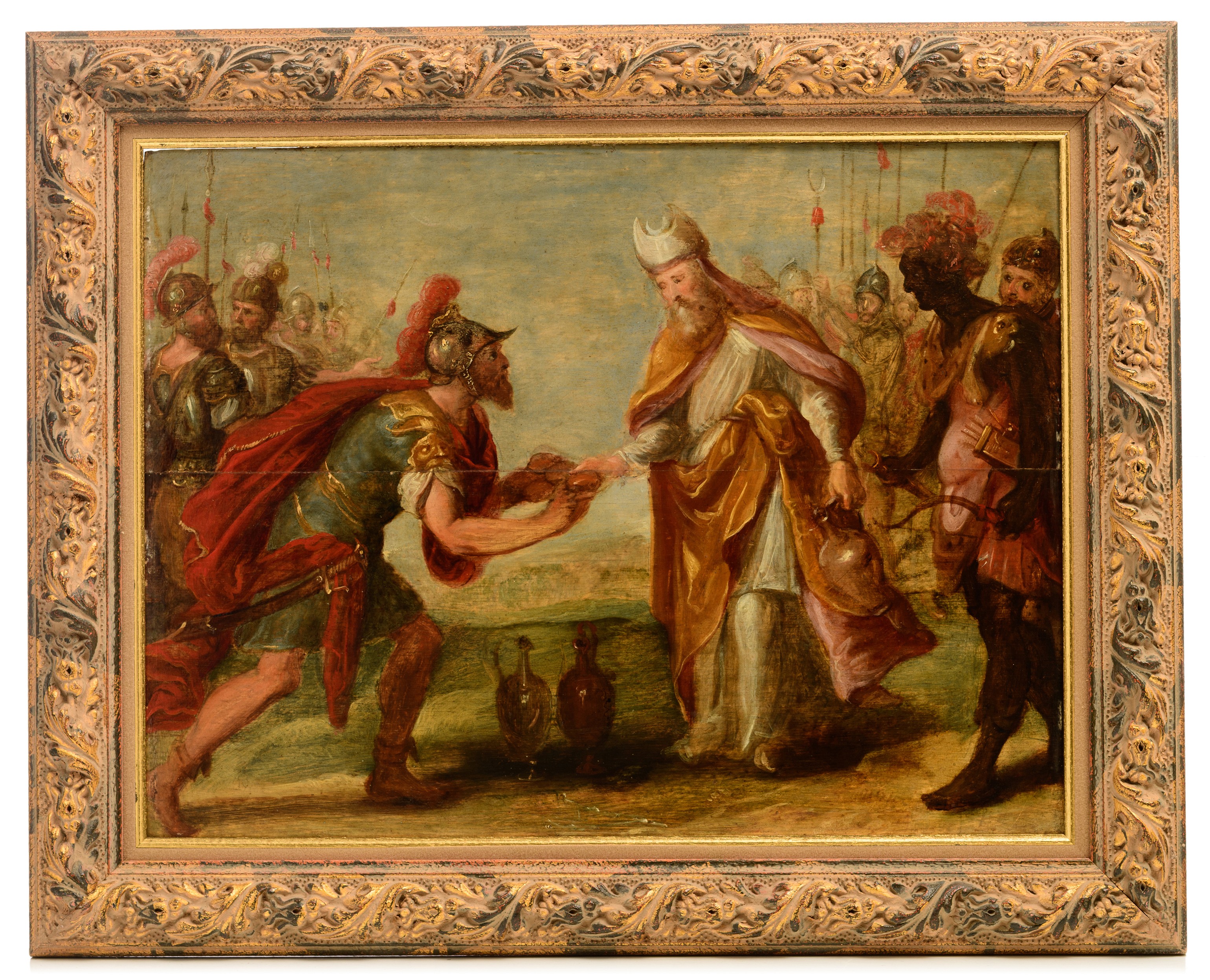 Antwerp School, 'Melchizedek and Abraham', 17thC, oil on panel, 48 x 64 cm - Image 2 of 7