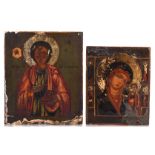 (T) Two Eastern European icons, depicting the Holy Mary of the 'Kazanskaya' type and the Martyr Pant