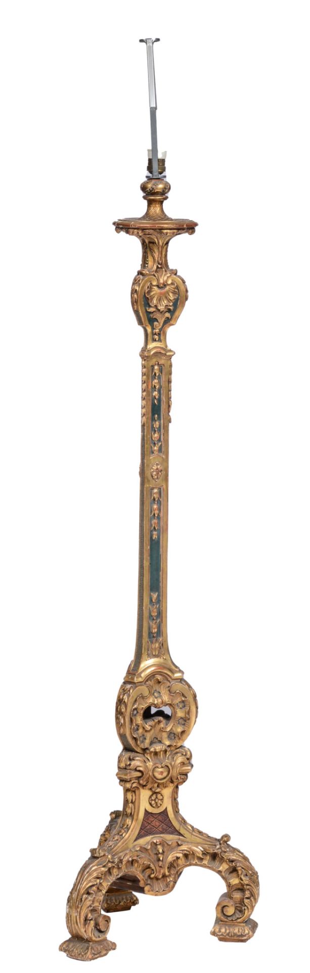 (T) A finely carved, polychrome and gilt decorated Rococo style torchère, H 147 cm - Bild 4 aus 11