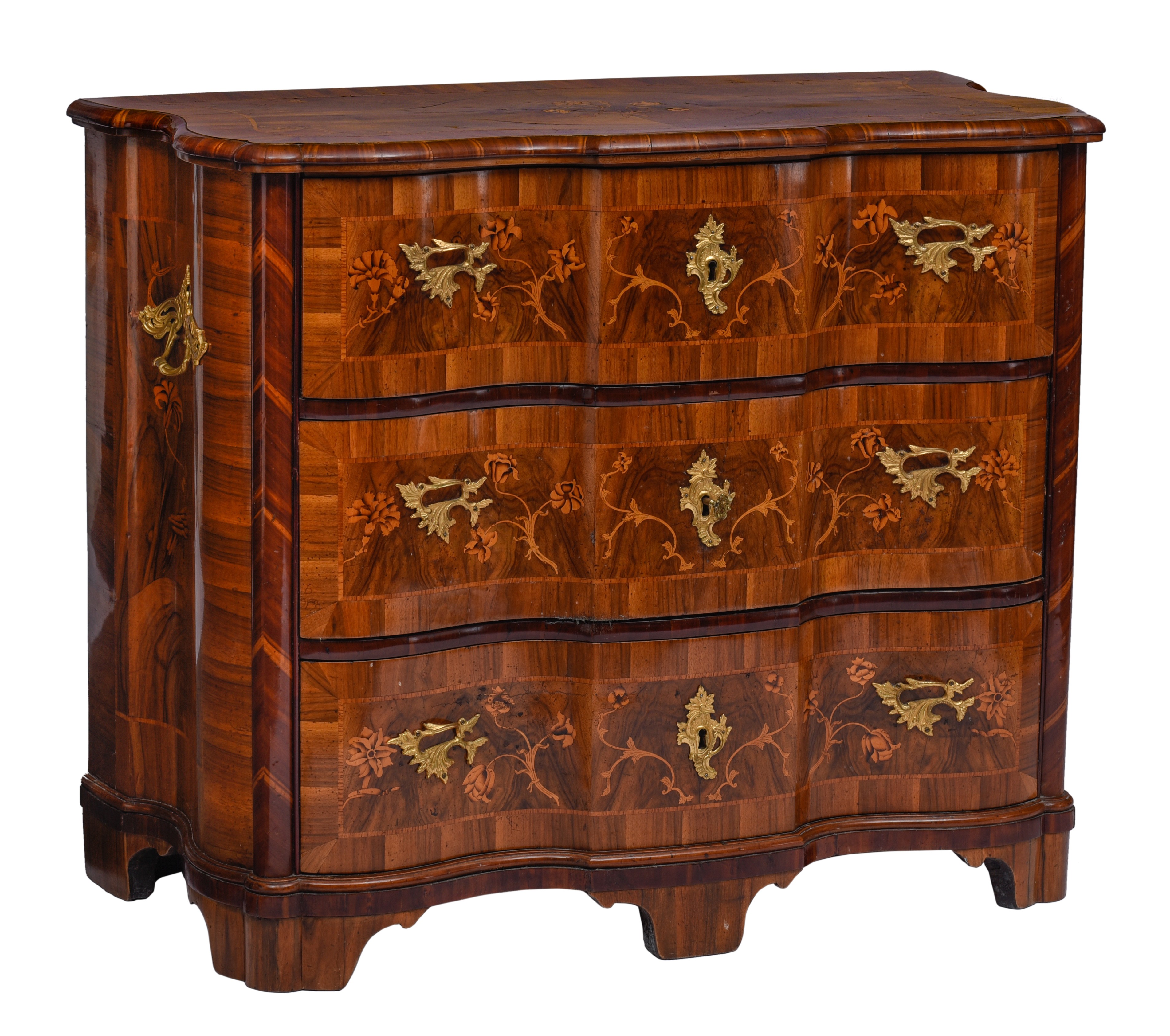 A magnificent German Rococo commode with elegant floral marquetry, mid 18thC, H 93 - W 112 - D 56 cm