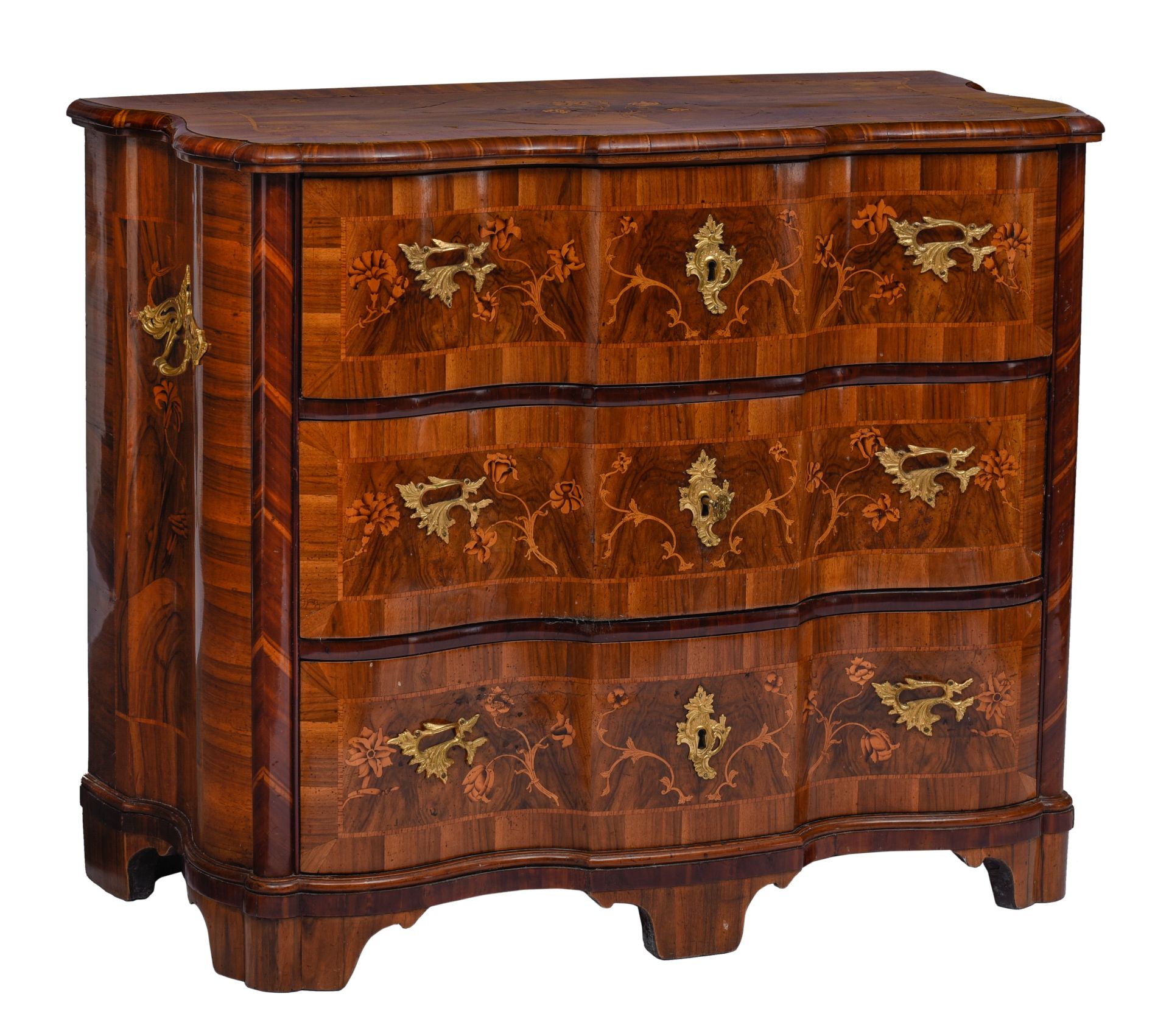 A magnificent German Rococo commode with elegant floral marquetry, mid 18thC, H 93 - W 112 - D 56 cm