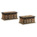 An exceptional pair of Renaissance Revival pietra dura boxes with gilt bronze mounts, H 25 - W 55 -