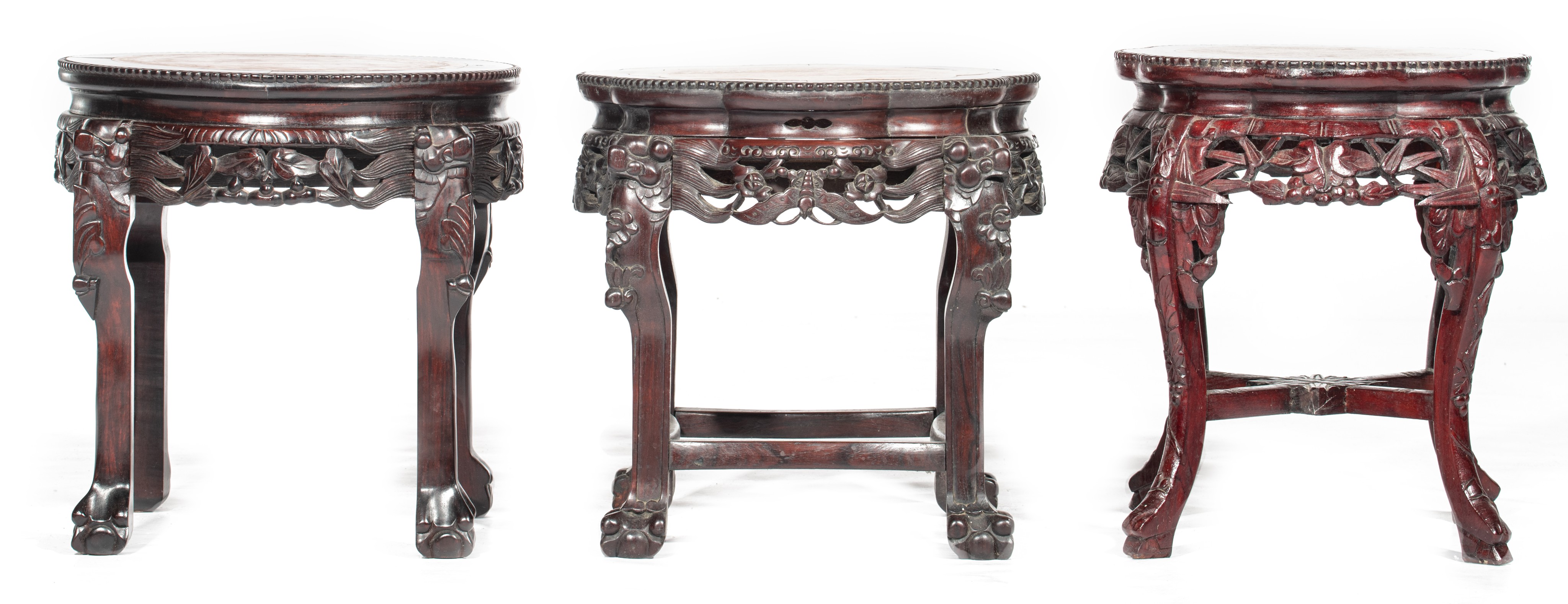Three Chinese hardwood bases with a marble plaque, Tallest H 48 cm - Image 5 of 7