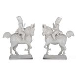 An exceptional pair of Delft white-glazed figures of horseback riding hussars, 18thC, H 30 cm