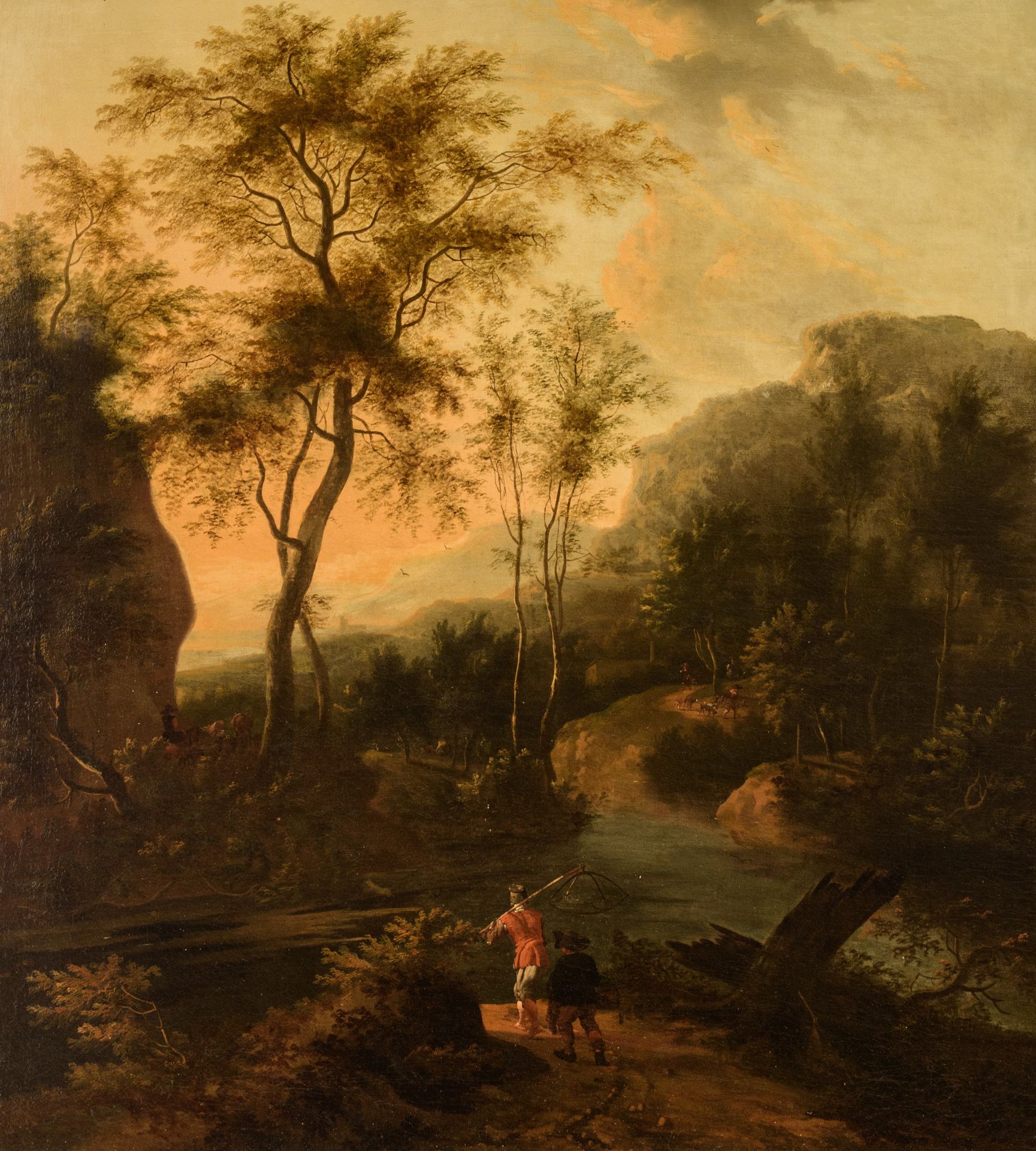 Attributed to Jacob de Heusch (1656-1701), fishermen in a wooded landscape, 17thC, oil on canvas, 81