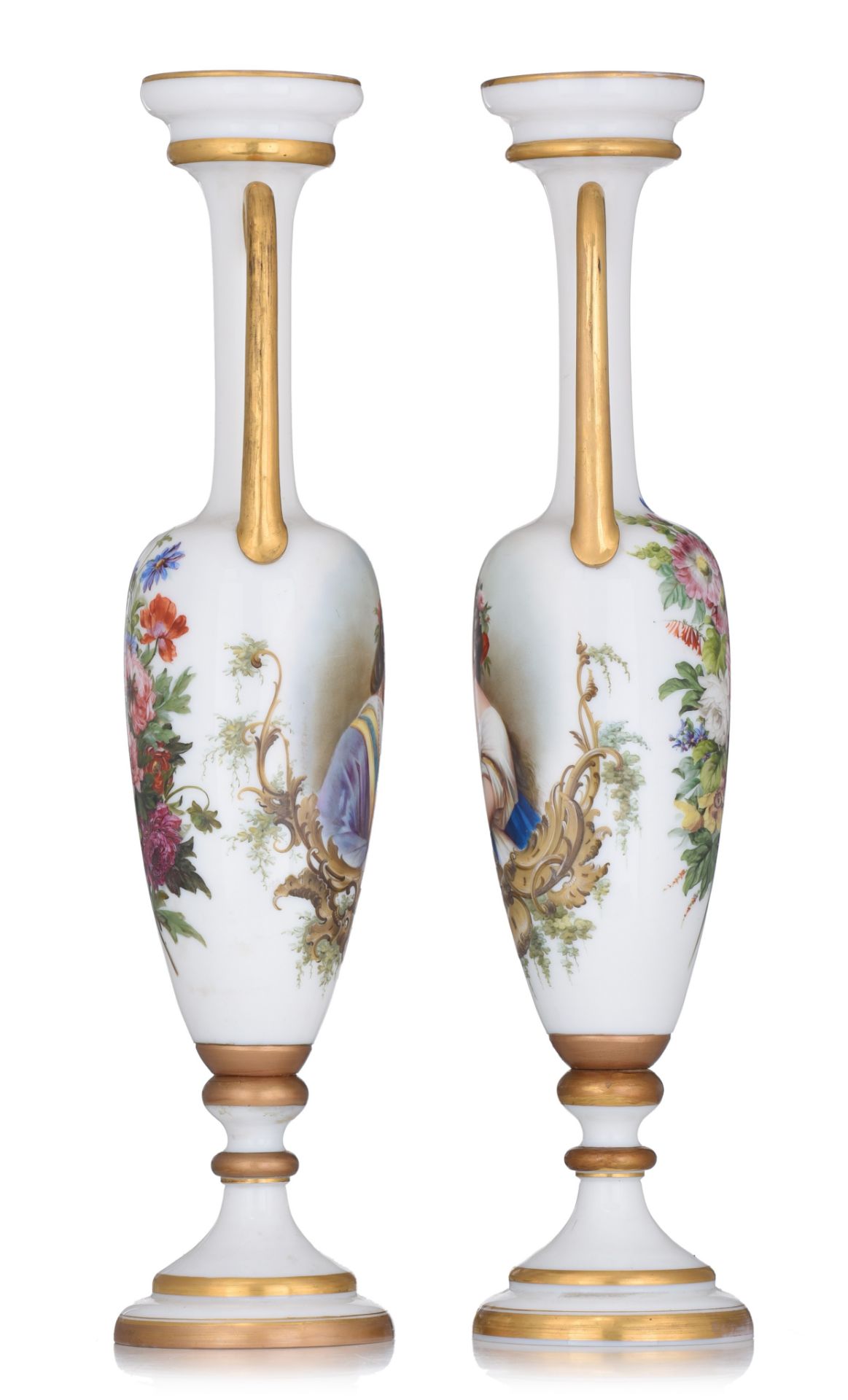 A fine pair of Neoclassical oblong opaline vases, polychrome and gilt decorated, H 65 cm - Image 2 of 8