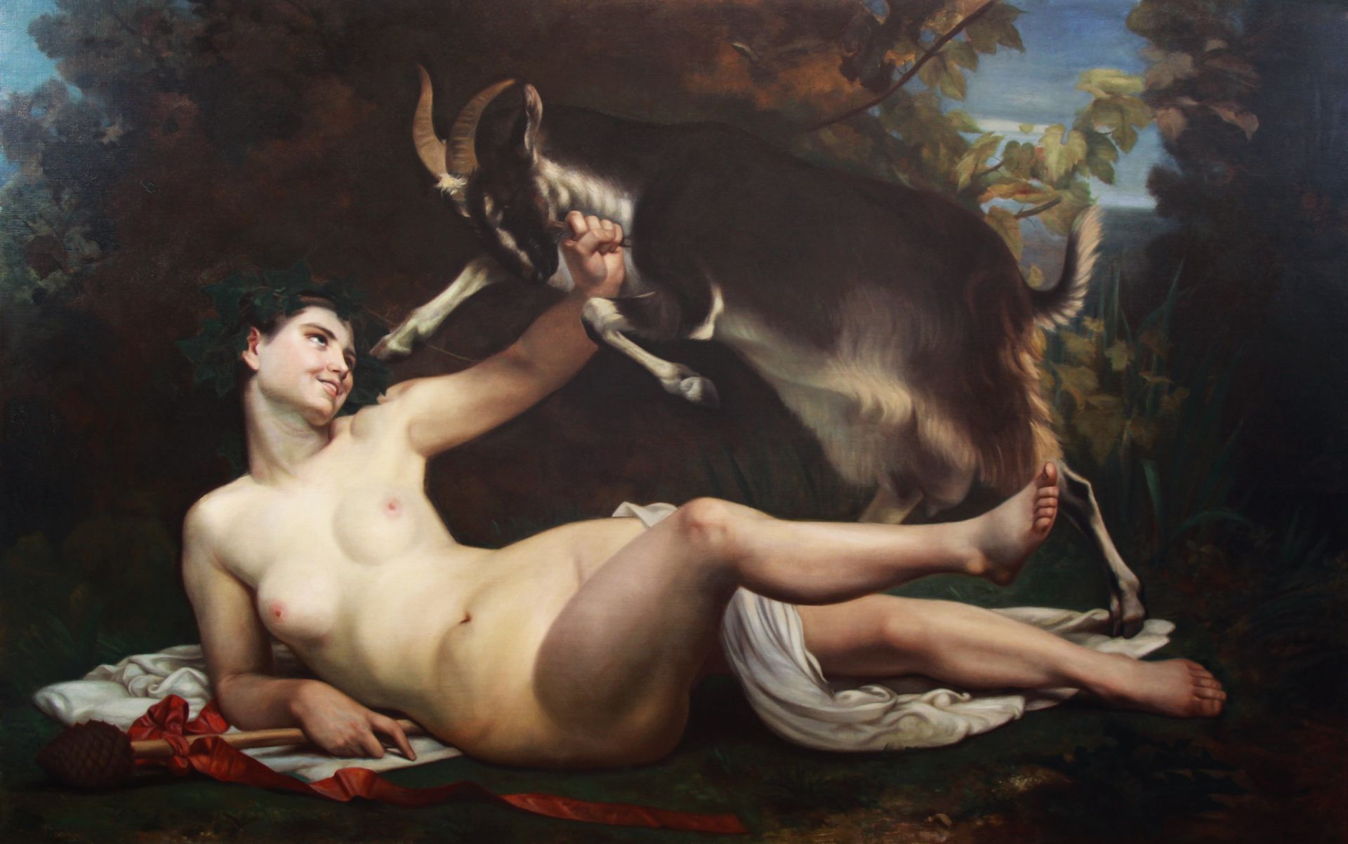 A fine copy after 'Une Bacchante' by William Bouguereau (1825-1905), oil on canvas, 115 x 185 cm