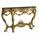 A Rococo style gilt and carved wooden console table, with a marble top, H 95 - W 160 - D 42 cm