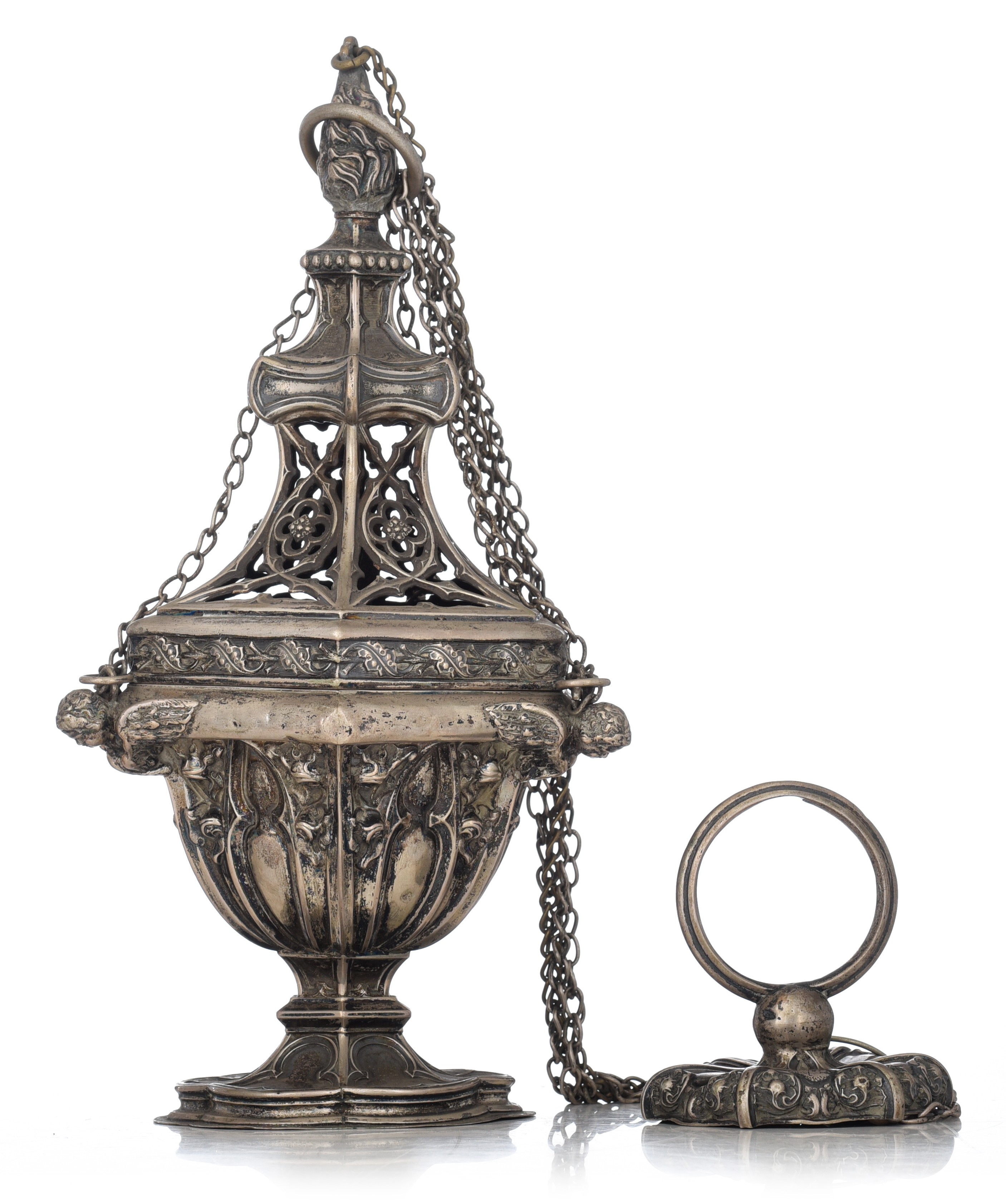 A 19thC Gothic Revival incense burner, bearing an 1830-1868 period Belgian control mark, H of the co - Image 2 of 7