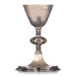 A German 800/000 silver gothic Revival chalice, sold by Bourdon-Wolfers - Gand, H 22 cm - total weig