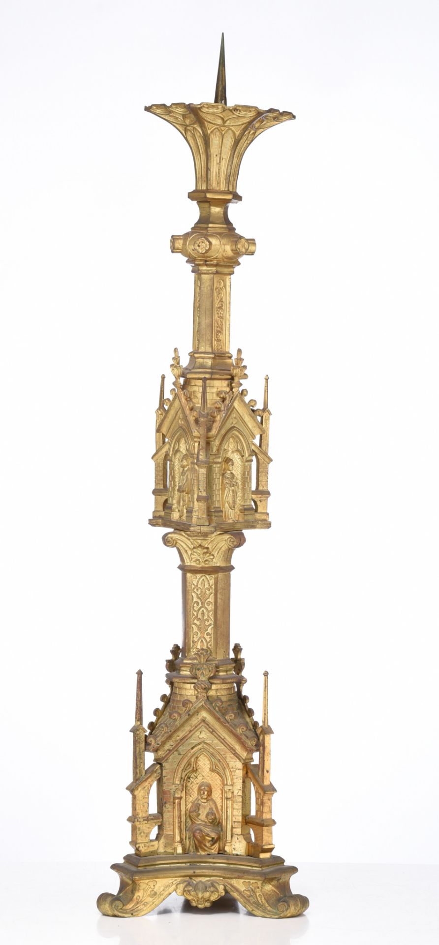 (T) A Gothic Revival gilt metal candleholder, H 112 cm - Bild 3 aus 10