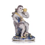 A Dutch Delft polychrome figure of a man holding flowers and ringing a bell, 18thC, H 11,5 cm