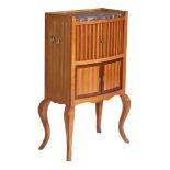 A mahogany and walnut veneered side cabinet with a rouge Royale marble top and cabriole legs, H 89 -