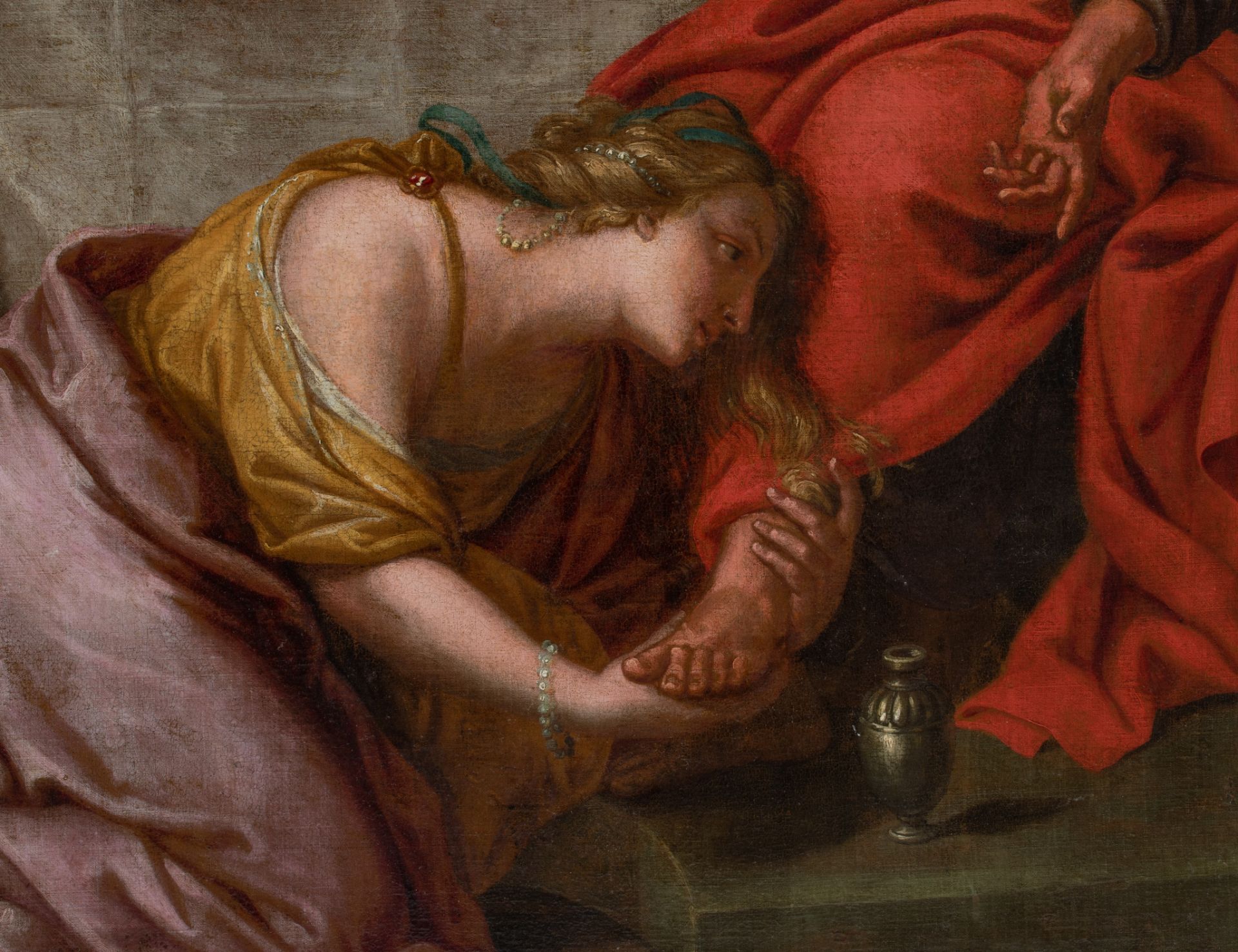 Magdalene washing the feet of Christ in the House of Simon, 17thC, Southern Netherlands, 107 x 164 c - Bild 5 aus 7