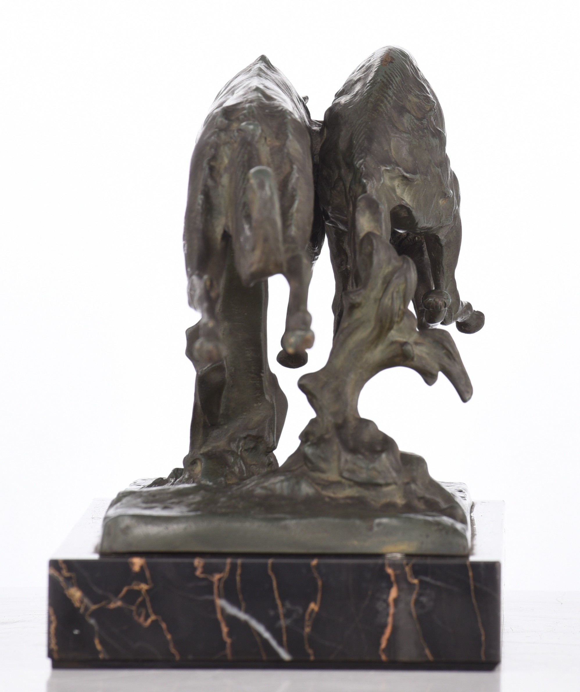 Indistinctly signed, racing greyhounds, green patinated bronze on a marble base, H19,5 cm - W 34 cm - Image 2 of 6