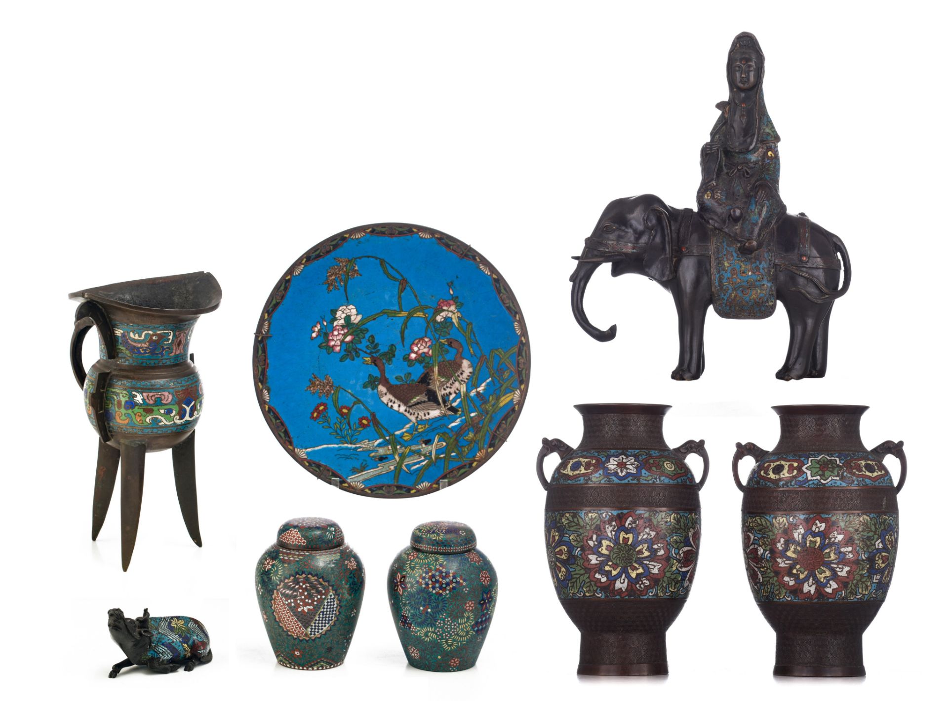 A collection of Japanese champlevé and cloisonné enamelled bronze ware, late 19thC/20thC, Tallest H