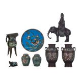 A collection of Japanese champlevé and cloisonné enamelled bronze ware, late 19thC/20thC, Tallest H