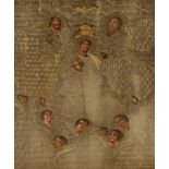 (T) A fine devotional work depicting the coronation of the Virgin, painted panel with silver brocade