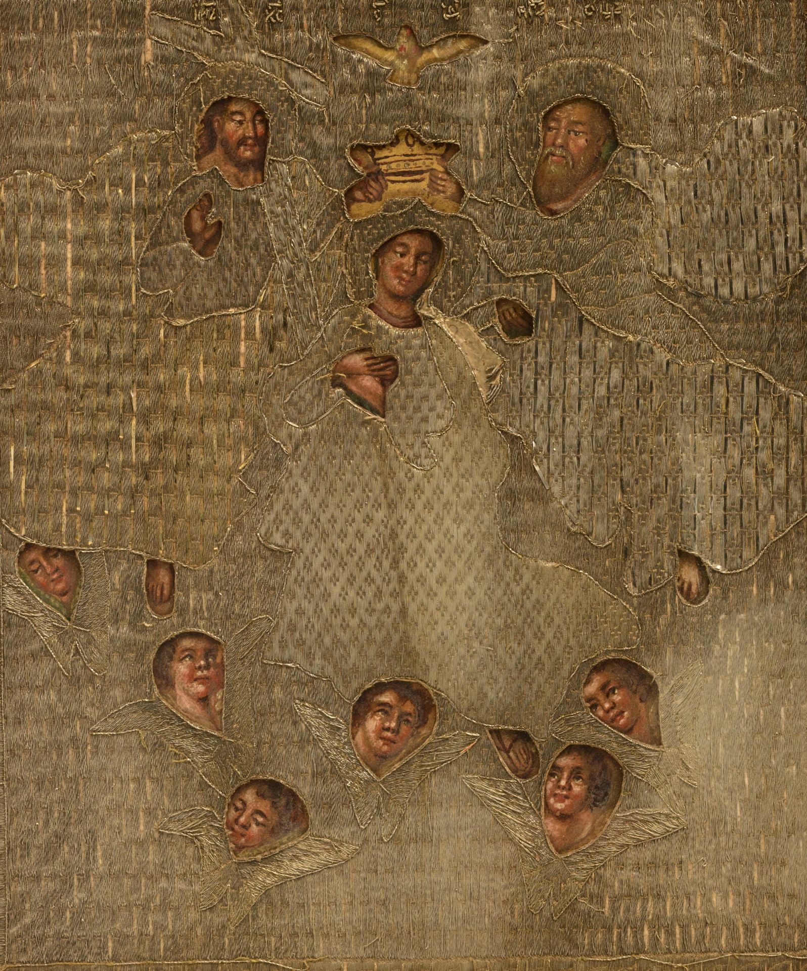 (T) A fine devotional work depicting the coronation of the Virgin, painted panel with silver brocade