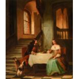 Frans Wens, a gallant couple in a 17thC interior, 19thC, oil on a mahogany panel, 33 x 38 cm