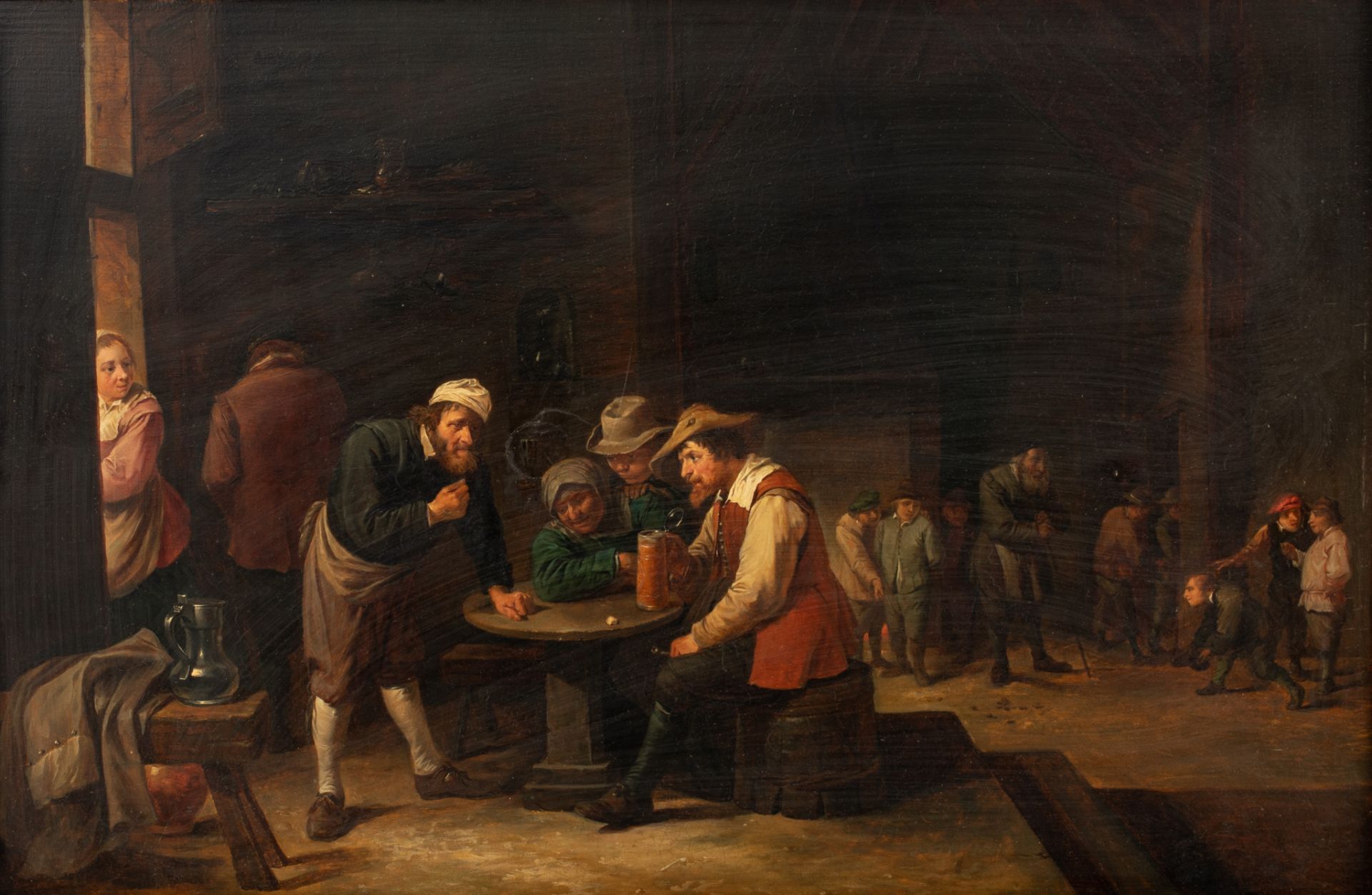 In the manner of David Teniers III (1638-1685), dice players at the inn, oil on panel, 44 x 65 cm