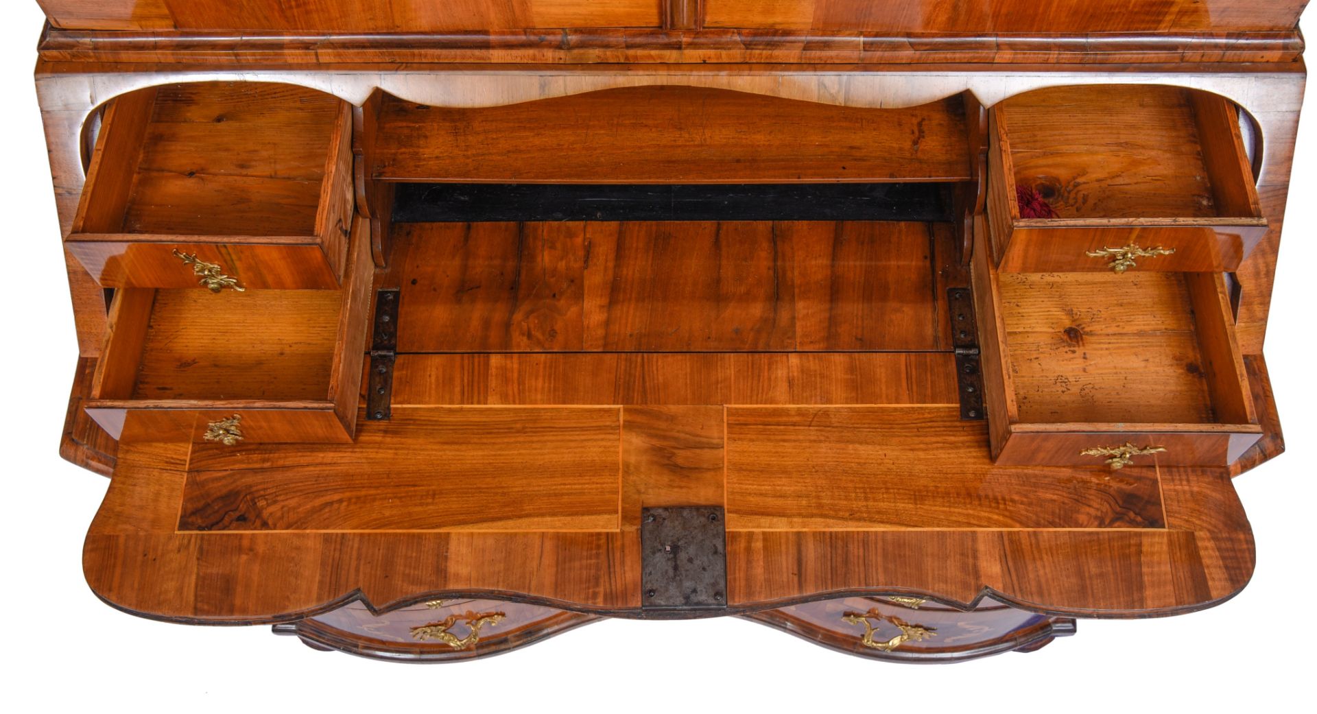 A very fine Rococo walnut bureau cabinet, mid 18thC, H 227 - W 135 - D 71 - 83 cm - Image 9 of 13