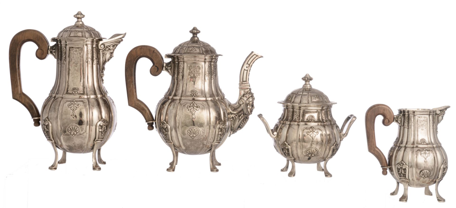 A four-part Belgian silver coffee and tea set, H 15 - 29 cm / total weight c. 4.290 g - Image 3 of 13