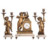 A gilt bronze and Carrara marble three-piece clock garniture, H 38 - 42 cm