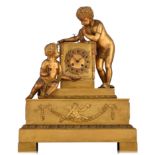 A large French Restauration style gilt bronze mantle clock, marked 'Schiller, Paris', mid 19thC, H 5