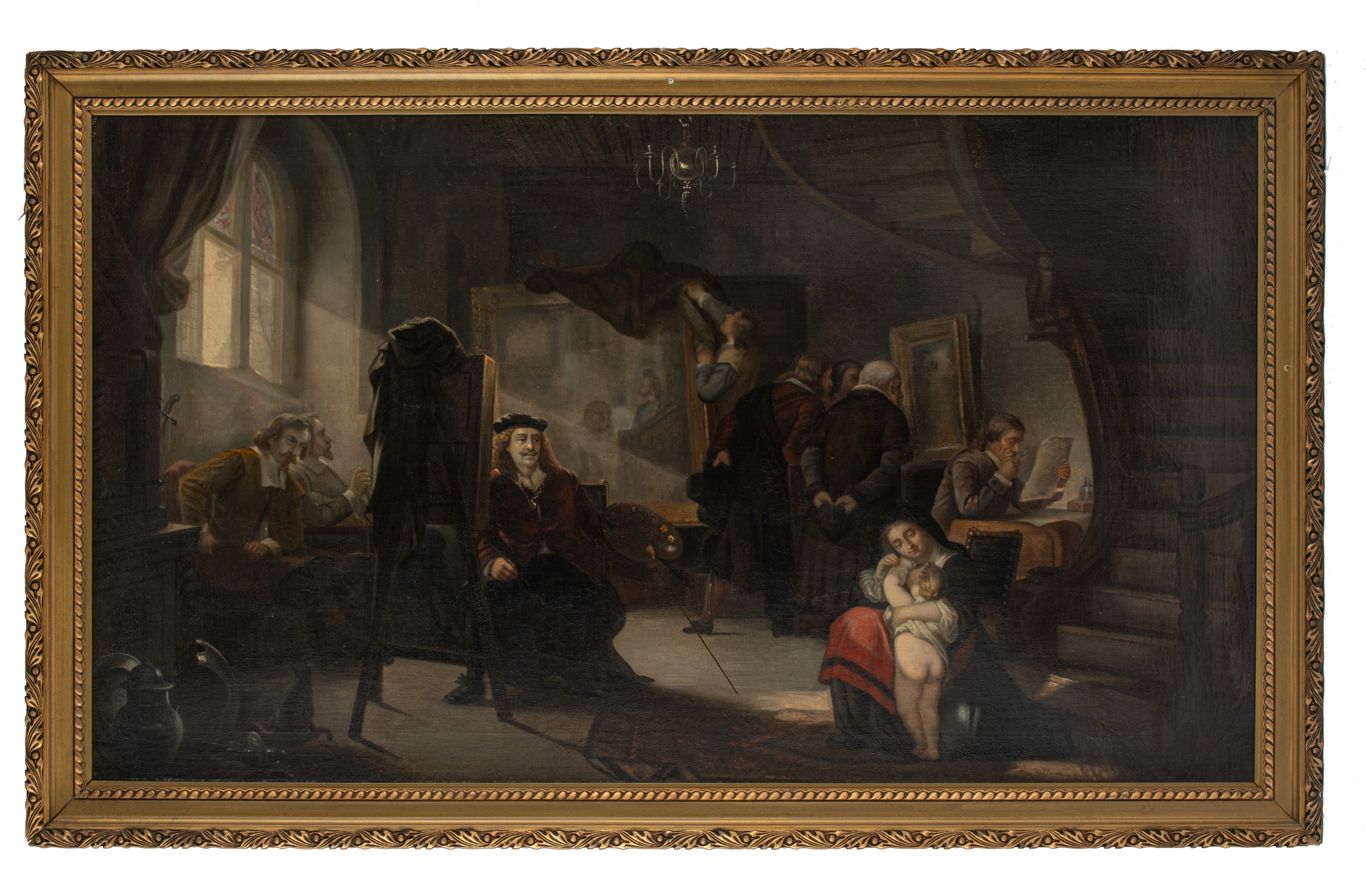 Rembrandt van Rijn creating another masterpiece in his workshop, 19thC, oil on canvas, 84 x 145 cm - Image 2 of 6